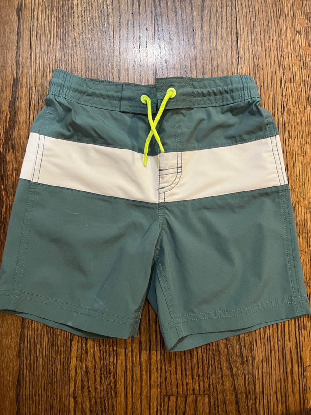 Old Navy Green Swim Board Shorts with White Stripe and Neon Accent